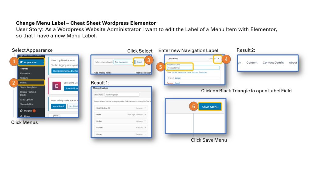 Change Menu Label WordPress Elementor